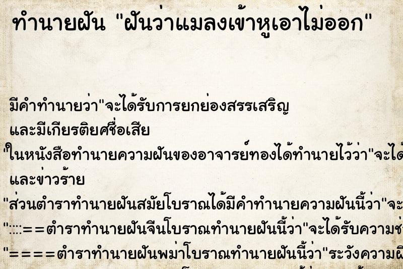 ทำนายฝันฝันว่าแมลงเข้าหูเอาไม่ออก ทำนายฝันทำนายฝันฝันว่าแมลงเข้าหูเอาไม่ออก