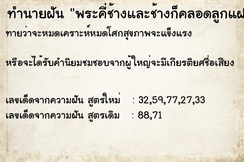 ทำนายฝันพระคี่ช้างและช้างก็คลอดลูกแฝด ทำนายฝันทำนายฝันพระคี่ช้างและช้างก็คลอดลูกแฝด