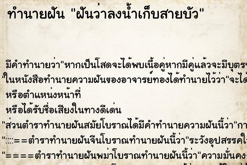 ทำนายฝัน ฝันว่าลงน้ำเก็บสายบัว ตำราโบราณ แม่นที่สุดในโลก