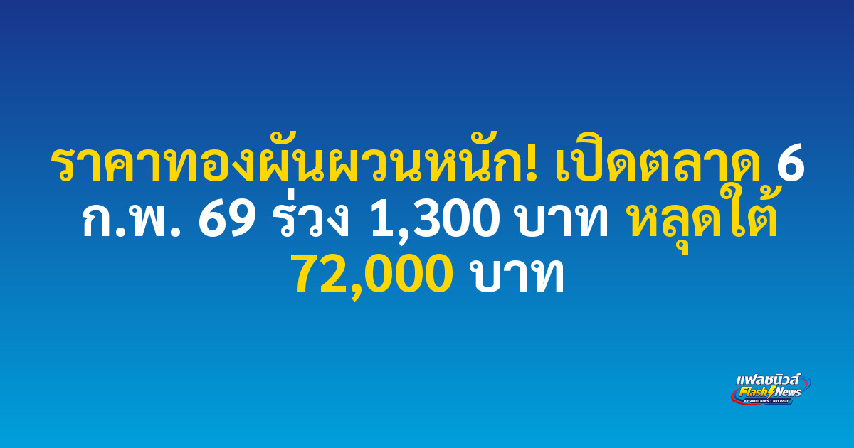ราคาทองผันผวนหนัก! เปิดตลาด 6 ก.พ. 69 ร่วง 1,300 บาท หลุดใต้ 72,000 บาท

