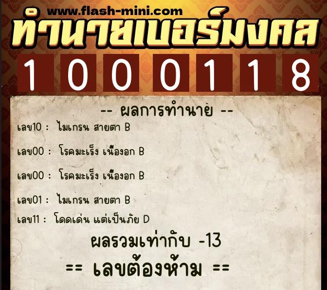 ทำนายเบอร์มงคล 0XX-1000118  ทำนายเบอร์มงคล หมายเลข 087-100011 