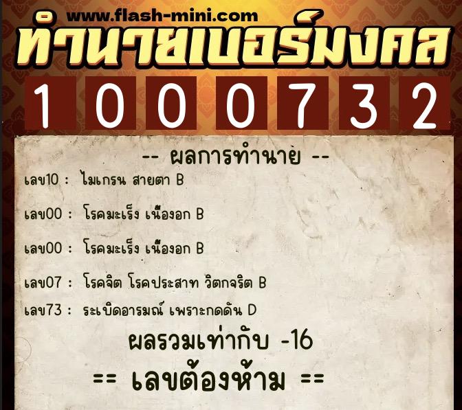 ทำนายเบอร์มงคล 0XX-1000732  ทำนายเบอร์มงคล หมายเลข 060-100073 