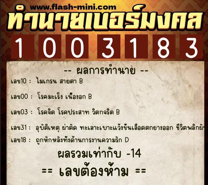 ทำนายเบอร์มงคล 0XX-1003183  ทำนายเบอร์มงคล หมายเลข 065-100318 