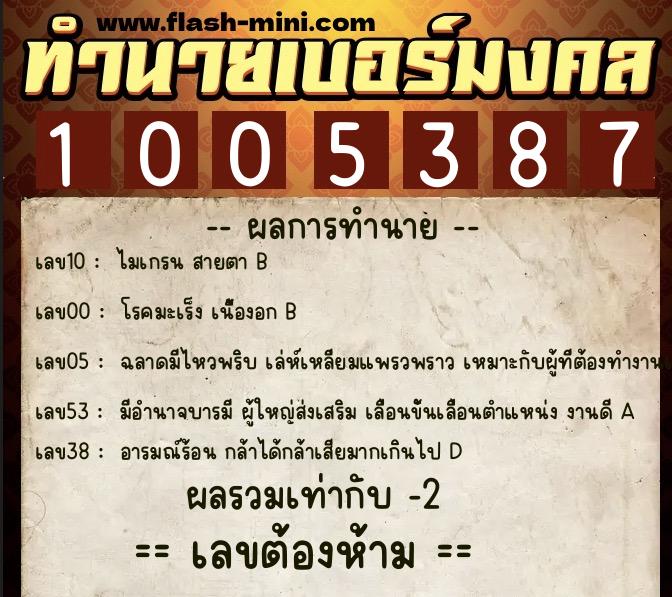 ทำนายเบอร์มงคล 0XX-1005387  ทำนายเบอร์มงคล หมายเลข 092-100538 