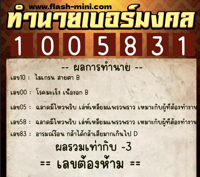 ทำนายเบอร์มงคล 0XX-1005831  ทำนายเบอร์มงคล หมายเลข 089-100583 