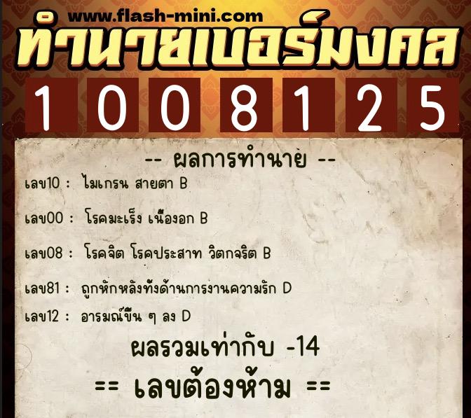 ทำนายเบอร์มงคล 0XX-1008125  ทำนายเบอร์มงคล หมายเลข 064-100812 
