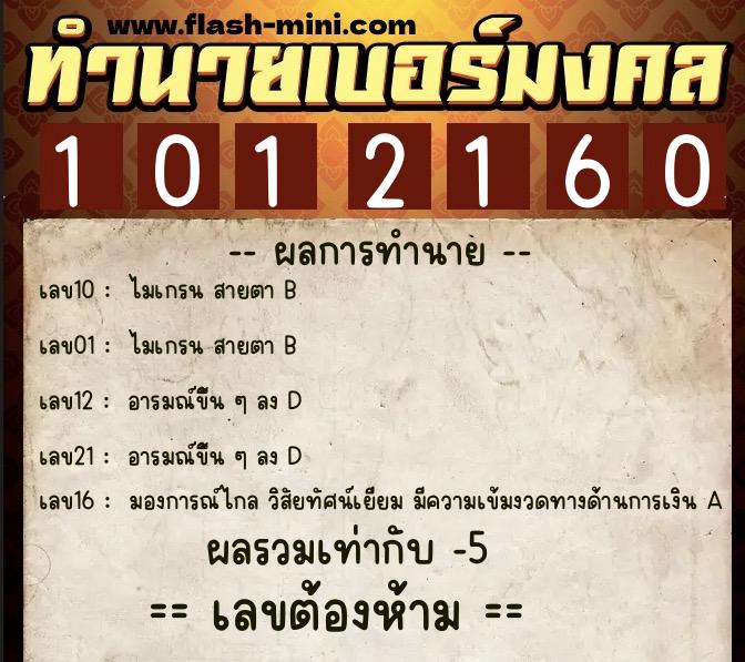 ทำนายเบอร์มงคล 0XX-1012160  ทำนายเบอร์มงคล หมายเลข 066-101216 