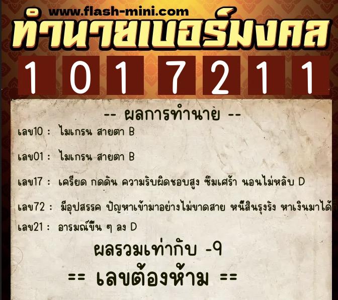 ทำนายเบอร์มงคล 0XX-1017211  ทำนายเบอร์มงคล หมายเลข 066-101721 