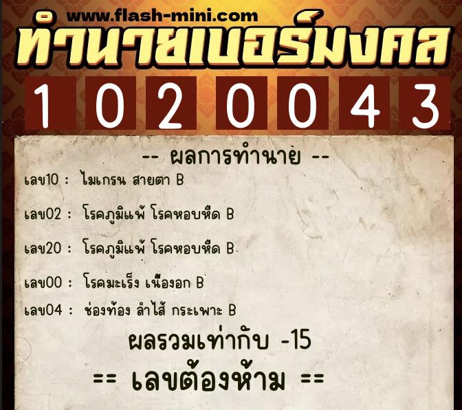 ทำนายเบอร์มงคล 0XX-1020043  ทำนายเบอร์มงคล หมายเลข 097-102004 