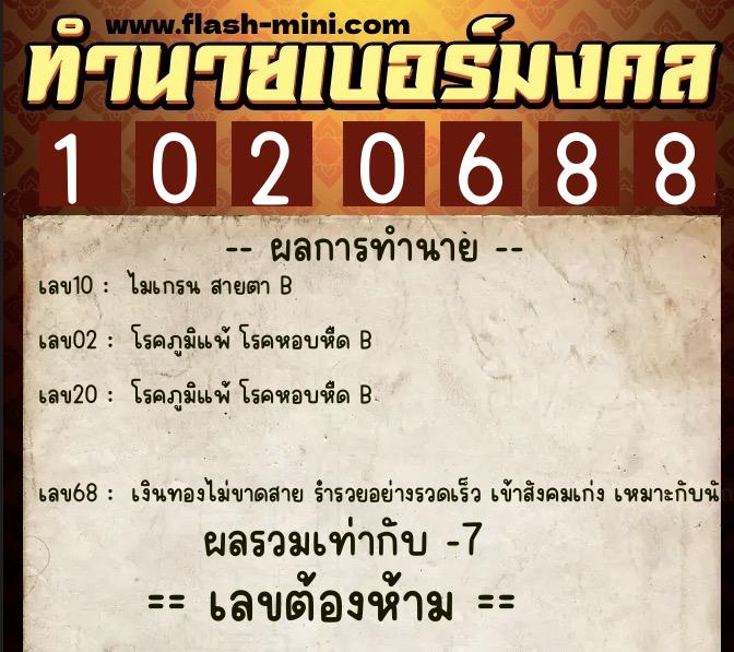 ทำนายเบอร์มงคล 0XX-1020688  ทำนายเบอร์มงคล หมายเลข 091-102068 