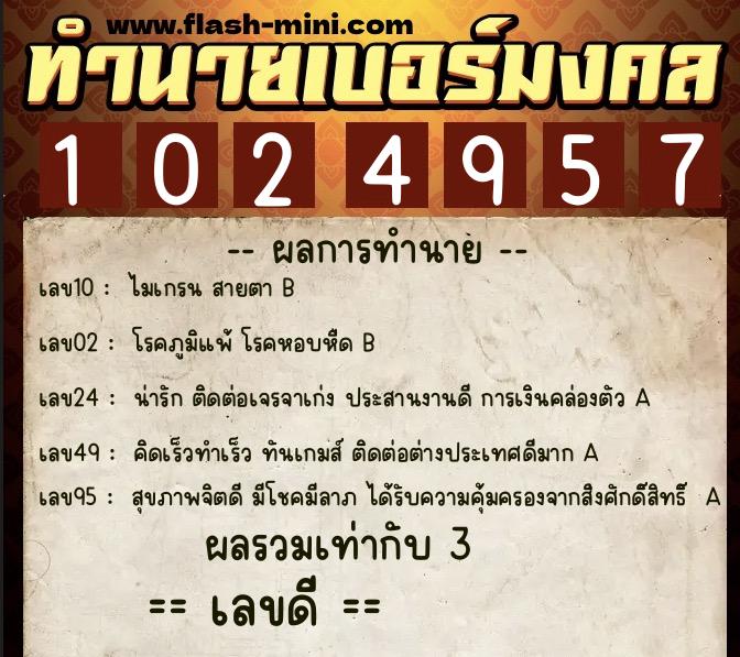 ทำนายเบอร์มงคล 0XX-1024957  ทำนายเบอร์มงคล หมายเลข 090-102495 