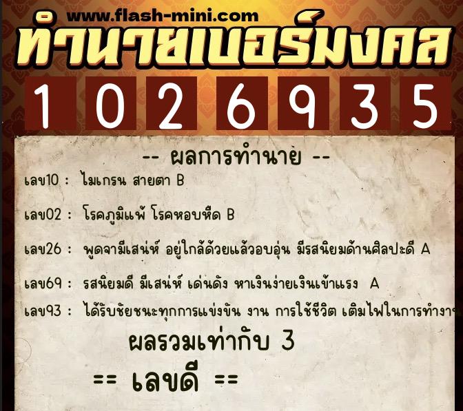 ทำนายเบอร์มงคล 0XX-1026935  ทำนายเบอร์มงคล หมายเลข 062-102693 