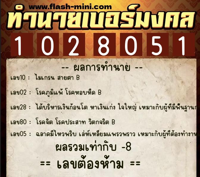ทำนายเบอร์มงคล 0XX-1028051  ทำนายเบอร์มงคล หมายเลข 085-102805 