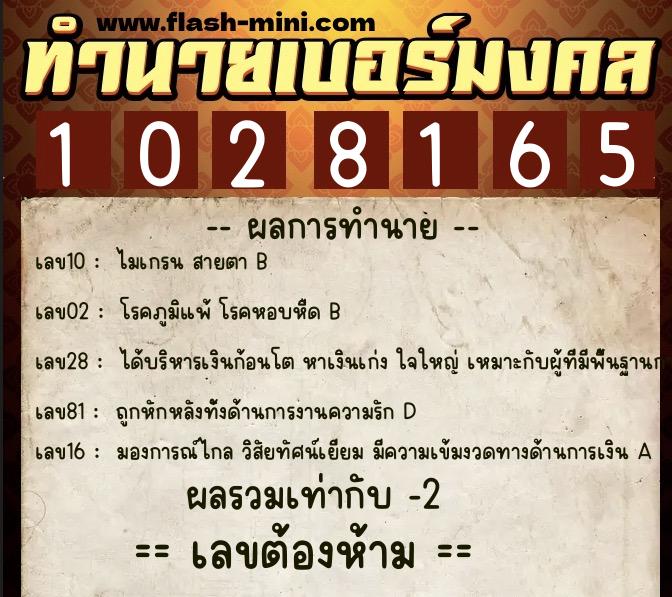 ทำนายเบอร์มงคล 0XX-1028165  ทำนายเบอร์มงคล หมายเลข 067-102816 
