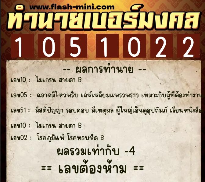 ทำนายเบอร์มงคล 0XX-1051022  ทำนายเบอร์มงคล หมายเลข 094-105102 