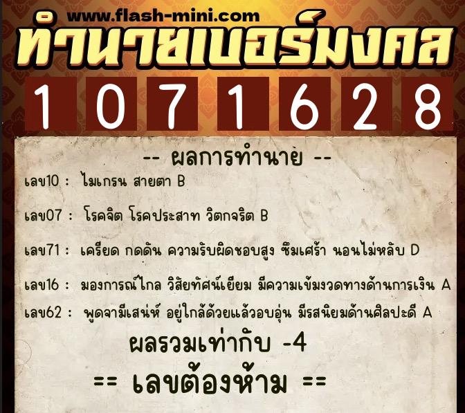 ทำนายเบอร์มงคล 0XX-1071628  ทำนายเบอร์มงคล หมายเลข 091-107162 