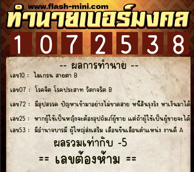 ทำนายเบอร์มงคล 0XX-1072538  ทำนายเบอร์มงคล หมายเลข 095-107253 