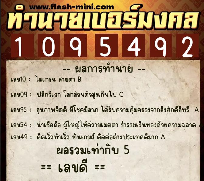 ทำนายเบอร์มงคล 0XX-1095492  ทำนายเบอร์มงคล หมายเลข 090-109549 