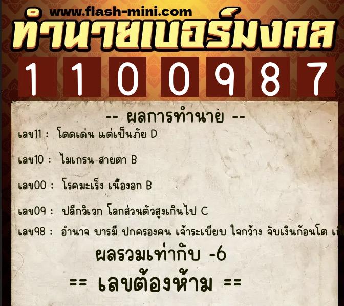 ทำนายเบอร์มงคล 0XX-1100987  ทำนายเบอร์มงคล หมายเลข 082-110098 