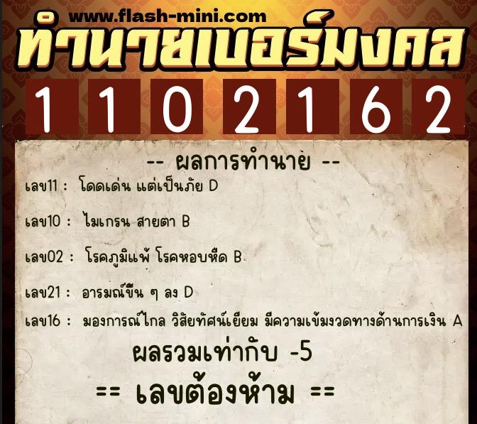 ทำนายเบอร์มงคล 0XX-1102162  ทำนายเบอร์มงคล หมายเลข 091-110216 