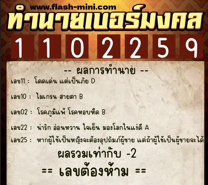 ทำนายเบอร์มงคล 0XX-1102259  ทำนายเบอร์มงคล หมายเลข 065-110225 