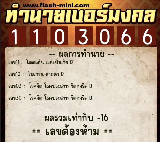 ทำนายเบอร์มงคล 0XX-1103066  ทำนายเบอร์มงคล หมายเลข 067-110306 