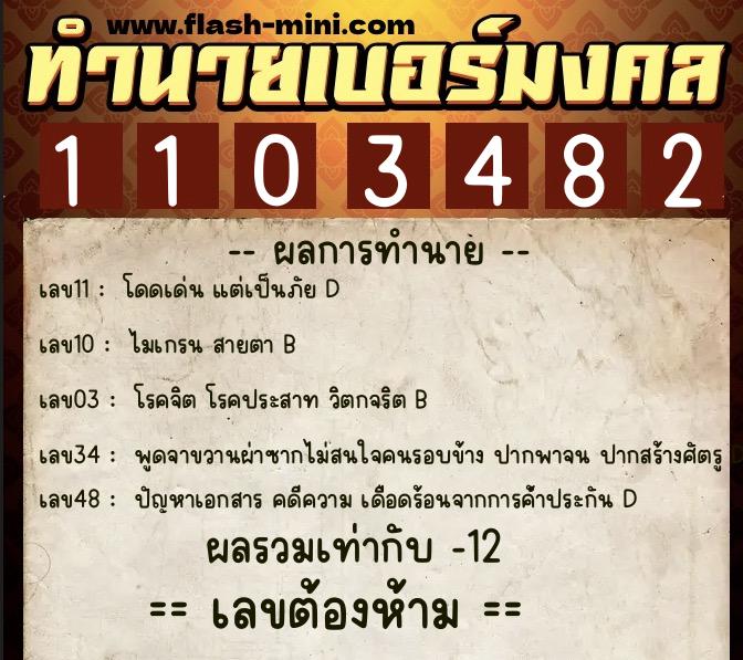ทำนายเบอร์มงคล 0XX-1103482  ทำนายเบอร์มงคล หมายเลข 065-110348 
