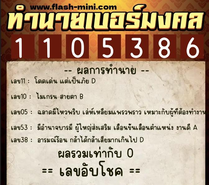 ทำนายเบอร์มงคล 0XX-1105386  ทำนายเบอร์มงคล หมายเลข 067-110538 
