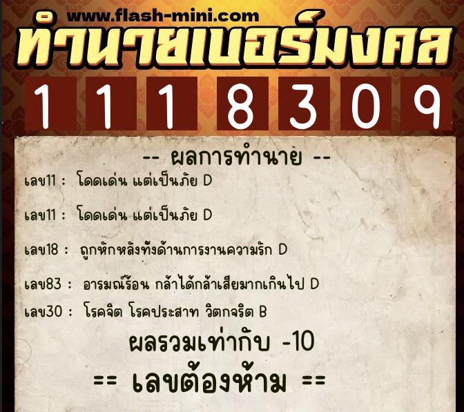 ทำนายเบอร์มงคล 0XX-1118309  ทำนายเบอร์มงคล หมายเลข 089-111830 