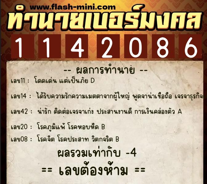 ทำนายเบอร์มงคล 0XX-1142086  ทำนายเบอร์มงคล หมายเลข 067-114208 