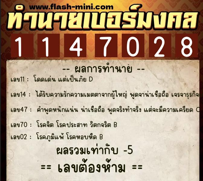 ทำนายเบอร์มงคล 0XX-1147028  ทำนายเบอร์มงคล หมายเลข 069-114702 