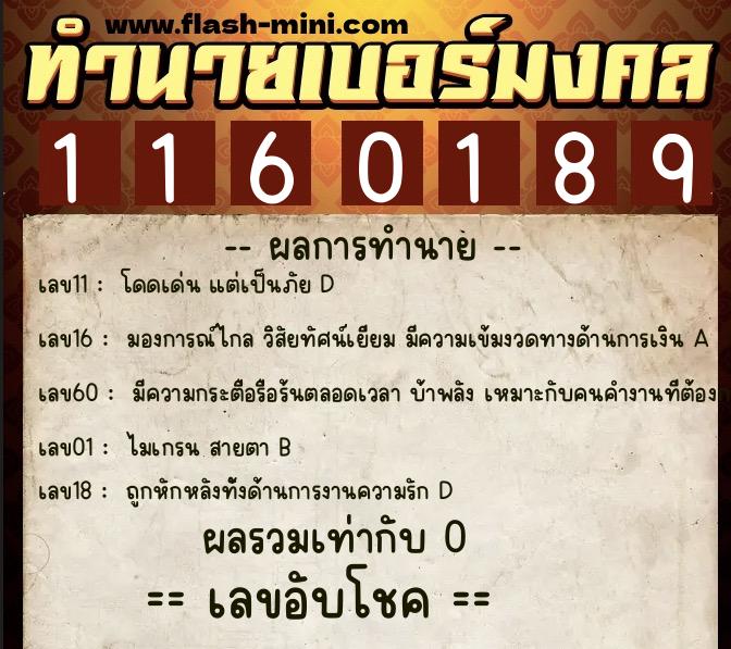 ทำนายเบอร์มงคล 0XX-1160189  ทำนายเบอร์มงคล หมายเลข 092-116018 