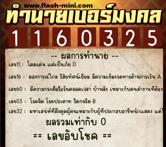 ทำนายเบอร์มงคล 0XX-1160325  ทำนายเบอร์มงคล หมายเลข 080-116032 