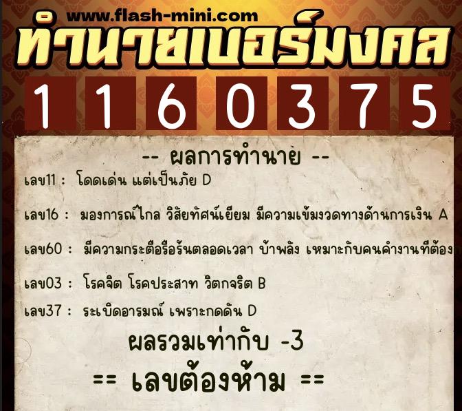 ทำนายเบอร์มงคล 0XX-1160375  ทำนายเบอร์มงคล หมายเลข 086-116037 