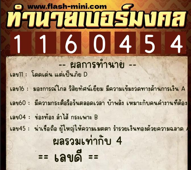 ทำนายเบอร์มงคล 0XX-1160454  ทำนายเบอร์มงคล หมายเลข 095-116045 
