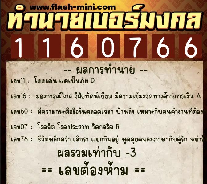 ทำนายเบอร์มงคล 0XX-1160766  ทำนายเบอร์มงคล หมายเลข 092-116076 