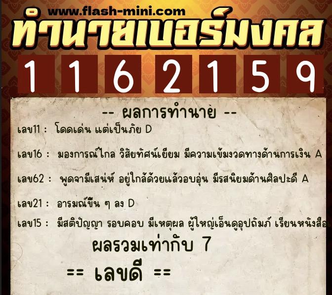 ทำนายเบอร์มงคล 0XX-1162159  ทำนายเบอร์มงคล หมายเลข 088-116215 