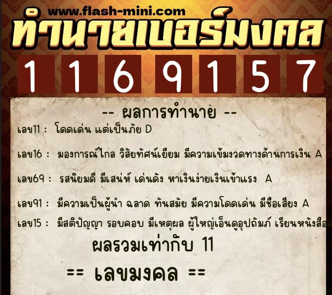 ทำนายเบอร์มงคล 0XX-1169157  ทำนายเบอร์มงคล หมายเลข 098-116915 