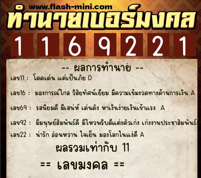 ทำนายเบอร์มงคล 0XX-1169221  ทำนายเบอร์มงคล หมายเลข 068-116922 