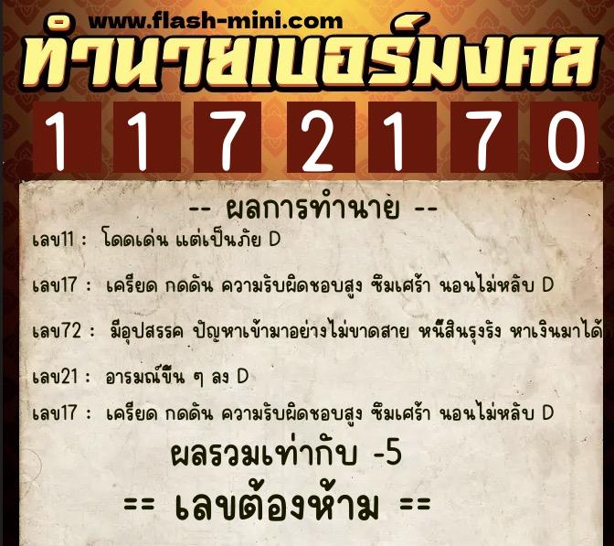 ทำนายเบอร์มงคล 0XX-1172170  ทำนายเบอร์มงคล หมายเลข 082-117217 