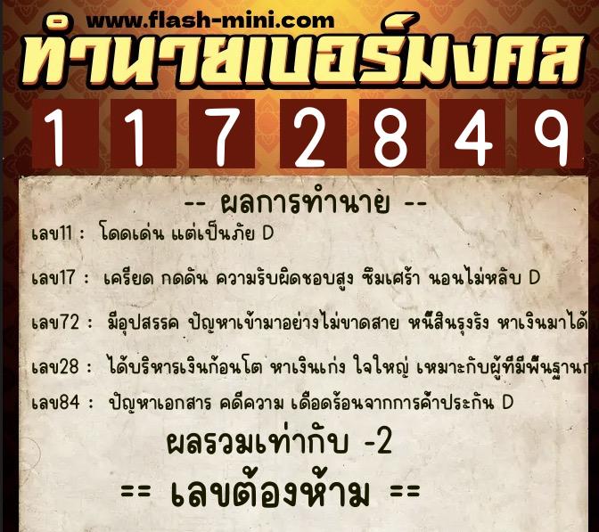 ทำนายเบอร์มงคล 0XX-1172849  ทำนายเบอร์มงคล หมายเลข 084-117284 