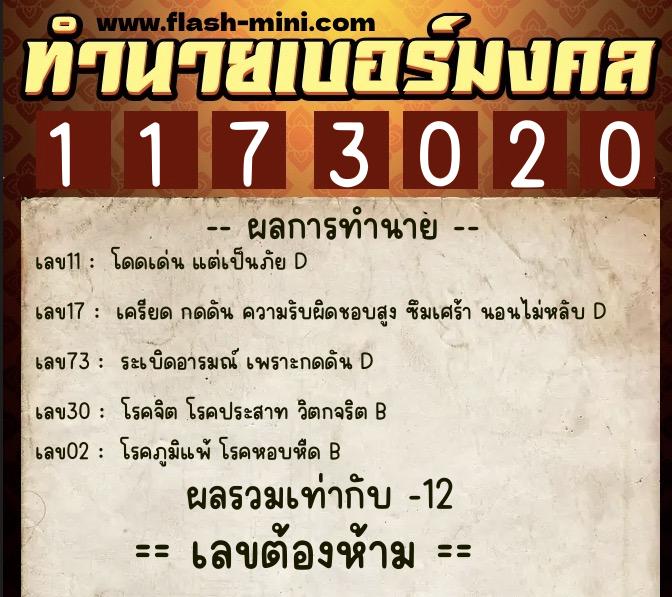 ทำนายเบอร์มงคล 0XX-1173020  ทำนายเบอร์มงคล หมายเลข 060-117302 