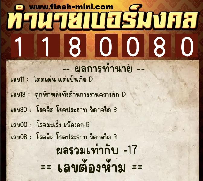 ทำนายเบอร์มงคล 0XX-1180080  ทำนายเบอร์มงคล หมายเลข 082-118008 