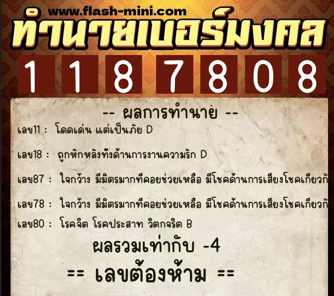 ทำนายเบอร์มงคล 0XX-1187808  ทำนายเบอร์มงคล หมายเลข 065-118780 