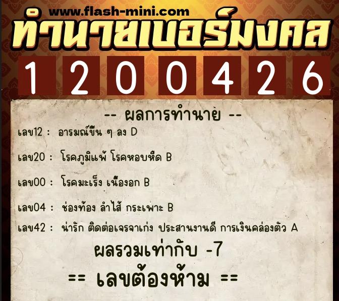ทำนายเบอร์มงคล 0XX-1200426  ทำนายเบอร์มงคล หมายเลข 084-120042 