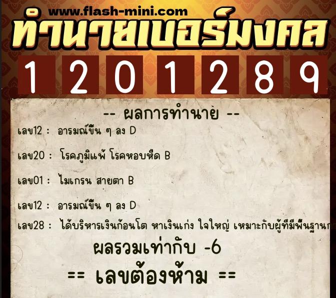 ทำนายเบอร์มงคล 0XX-1201289  ทำนายเบอร์มงคล หมายเลข 090-120128 