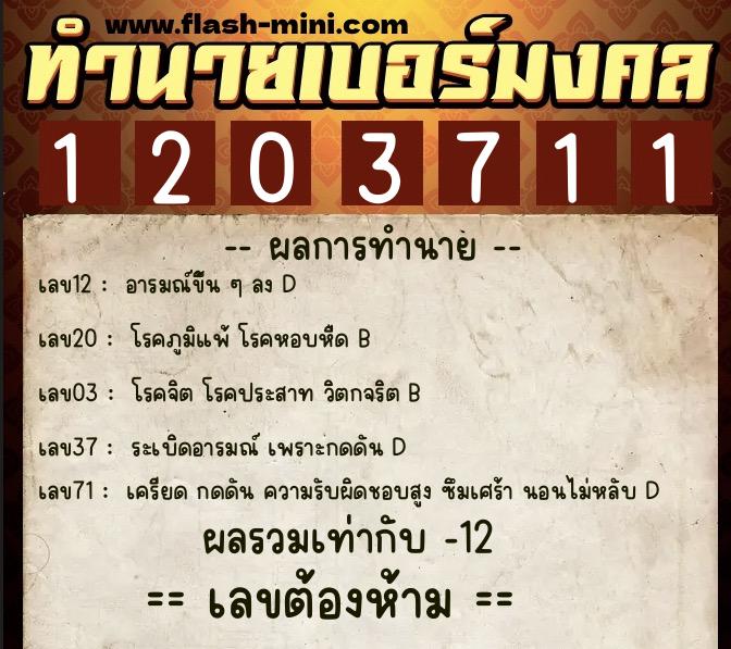 ทำนายเบอร์มงคล 0XX-1203711  ทำนายเบอร์มงคล หมายเลข 065-120371 