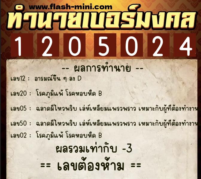 ทำนายเบอร์มงคล 0XX-1205024  ทำนายเบอร์มงคล หมายเลข 062-120502 