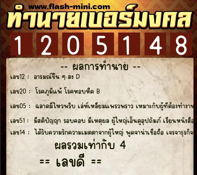 ทำนายเบอร์มงคล 0XX-1205148  ทำนายเบอร์มงคล หมายเลข 064-120514 