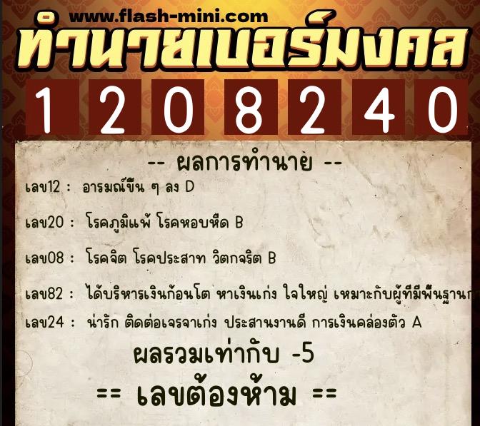 ทำนายเบอร์มงคล 0XX-1208240  ทำนายเบอร์มงคล หมายเลข 060-120824 